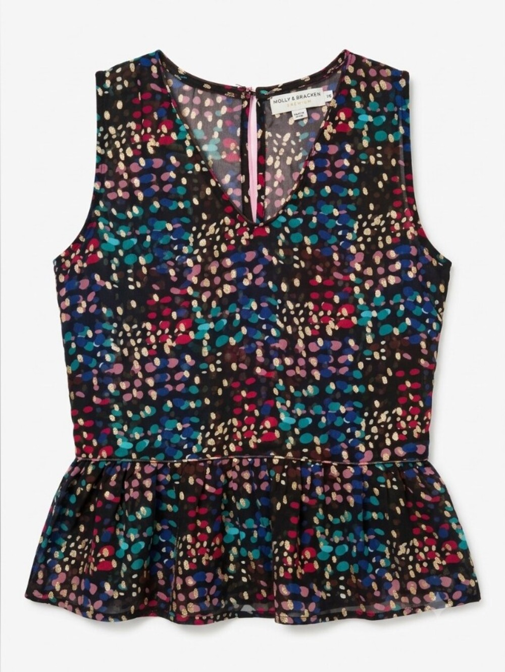 Molly Bracken Black Multicolor Sleeveless Peplum Top